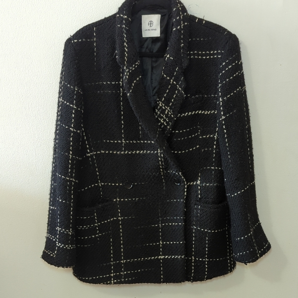 Anine Bing Kaia Blazer Black + White Tweed Wool Blend Revolve Women's Size Large